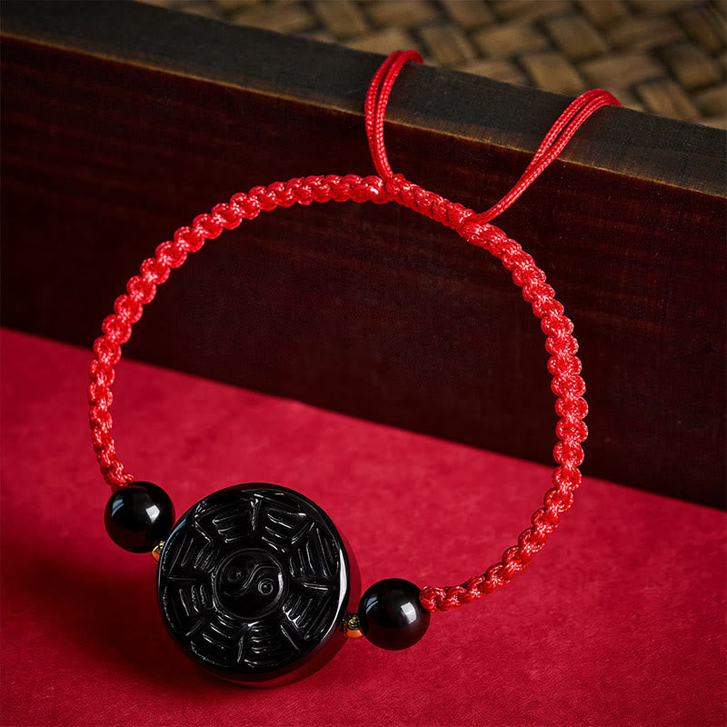Buddha Stones Bransoletka z czerwonego sznurka i czarnego obsydianu z okrągłym bagua - image 1