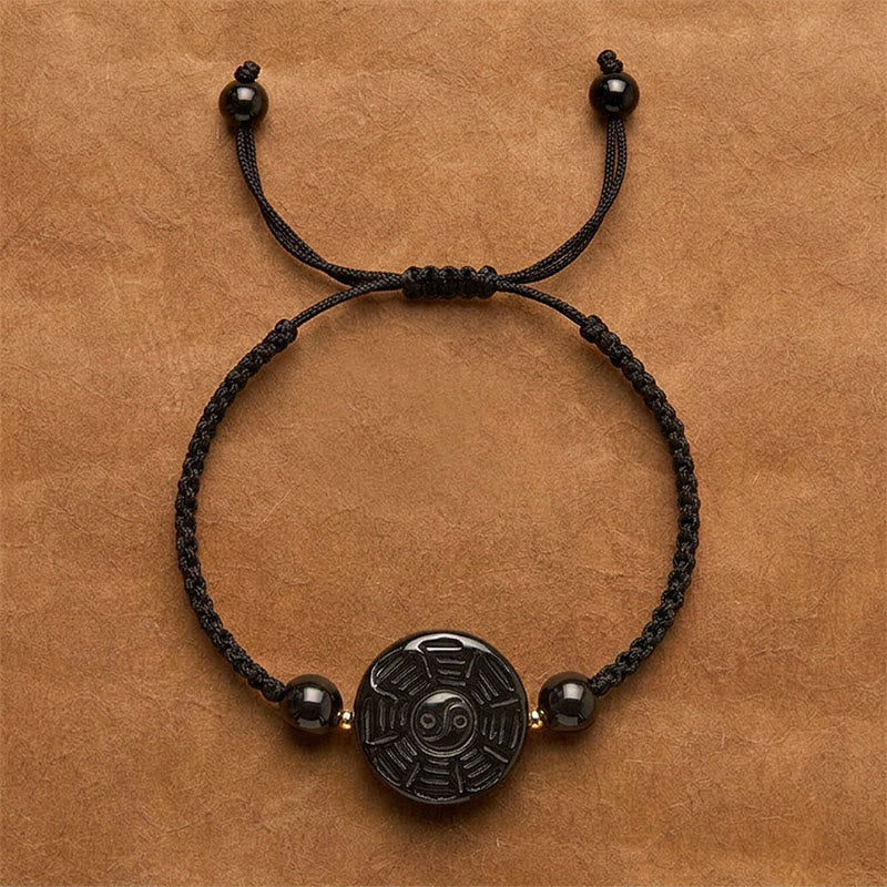 Buddha Stones Bransoletka z czerwonego sznurka i czarnego obsydianu z okrągłym bagua - Czarny sznurek (obwód nadgarstka: 15–17 cm) - Około 22 × 9 mm - image 8
