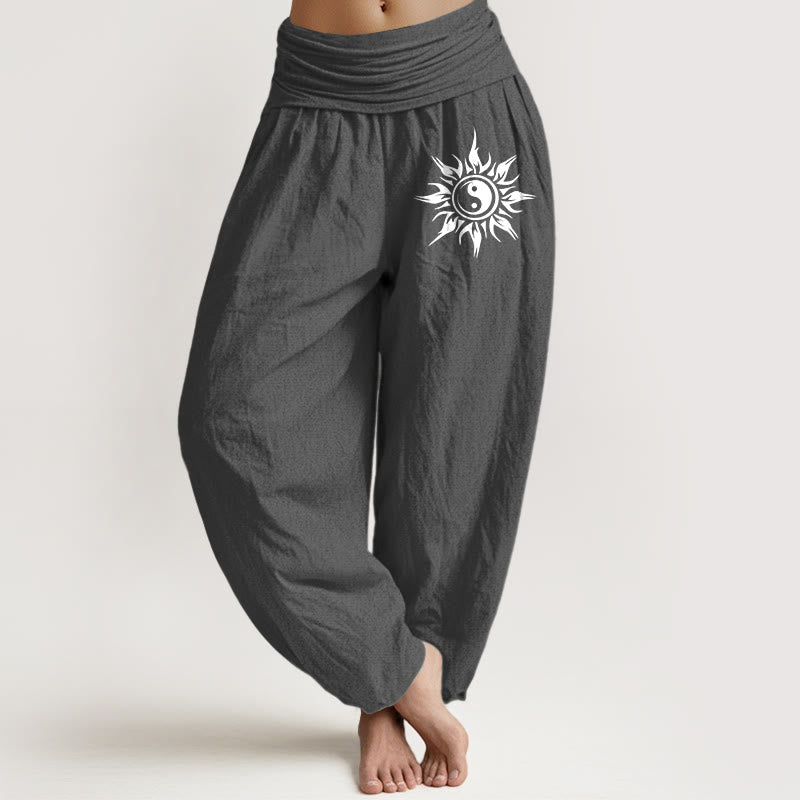 Buddha Stones Spodnie haremowe damskie z elastycznej talii z wzorem słońca Yin Yang z czystej bawełny - DimGray - US16, UK/AU20, EU48 (3XL) - image 8