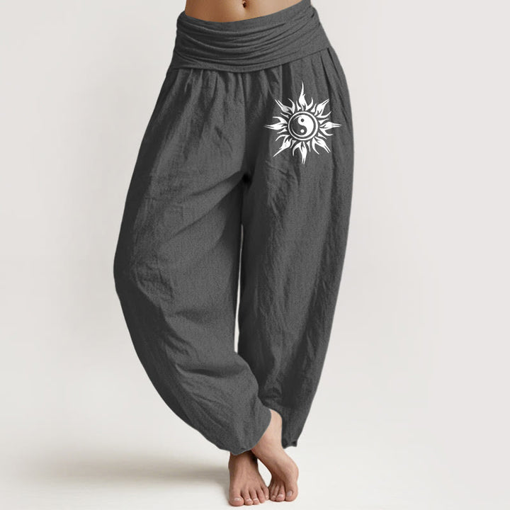 Buddha Stones Spodnie haremowe damskie z elastycznej talii z wzorem słońca Yin Yang z czystej bawełny - DimGray - US16, UK/AU20, EU48 (3XL) - image 8