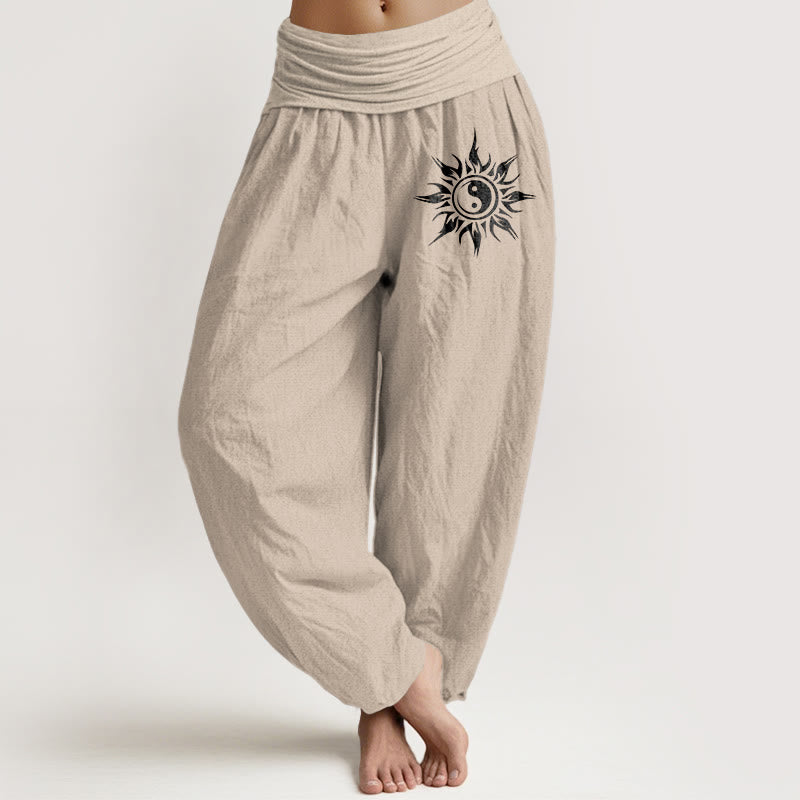 Buddha Stones Spodnie haremowe damskie z elastycznej talii z wzorem słońca Yin Yang z czystej bawełny - Dębnik - US16, UK/AU20, EU48 (3XL) - image 11