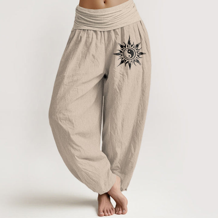 Buddha Stones Spodnie haremowe damskie z elastycznej talii z wzorem słońca Yin Yang z czystej bawełny - Dębnik - US16, UK/AU20, EU48 (3XL) - image 11