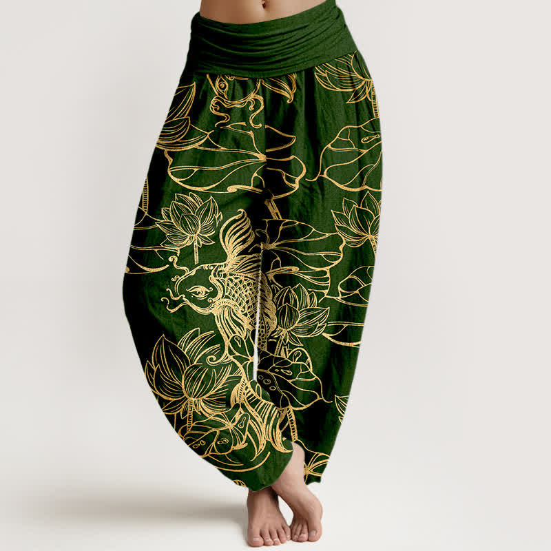 Buddha Stones Bawełniane spodnie damskie typu harem z elastycznym pasem i wzorem w ryby w stawie lotosowym - Ciemnozielony - US16, UK/AU20, EU48 (3XL) - image 0