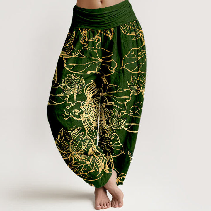 Buddha Stones Bawełniane spodnie damskie typu harem z elastycznym pasem i wzorem w ryby w stawie lotosowym - Ciemnozielony - US16, UK/AU20, EU48 (3XL) - image 0