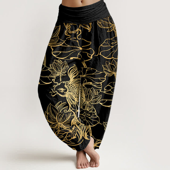 Buddha Stones Bawełniane spodnie damskie typu harem z elastycznym pasem i wzorem w ryby w stawie lotosowym - Czarny - US16, UK/AU20, EU48 (3XL) - image 5