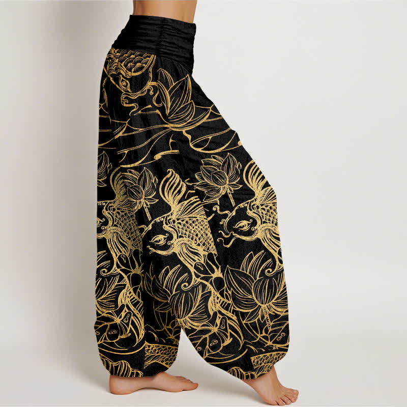 Buddha Stones Bawełniane spodnie damskie typu harem z elastycznym pasem i wzorem w ryby w stawie lotosowym - image 6