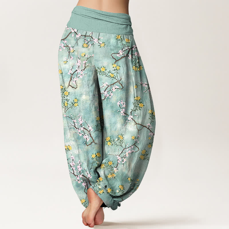 Buddha Stones Bawełniane spodnie damskie typu harem z elastycznym pasem i motywem kwiatowym w kształcie gałęzi - image 2