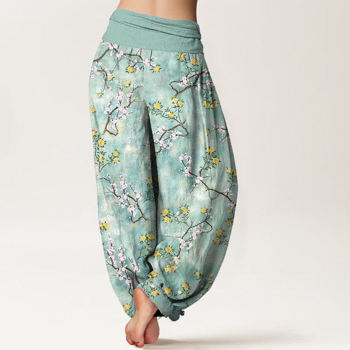 Buddha Stones Bawełniane spodnie damskie typu harem z elastycznym pasem i motywem kwiatowym w kształcie gałęzi - image 2