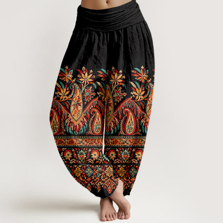 Buddha Stones Bawełniane spodnie haremki damskie z elastyczną talią i wzorem paisley bloom - Czarny - US16, UK/AU20, EU48 (3XL) - image 0