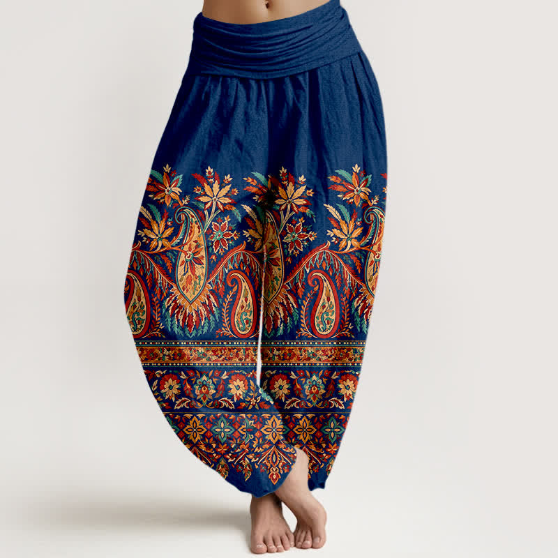 Buddha Stones Bawełniane spodnie haremki damskie z elastyczną talią i wzorem paisley bloom - Marynarka wojenna - US16, UK/AU20, EU48 (3XL) - image 8