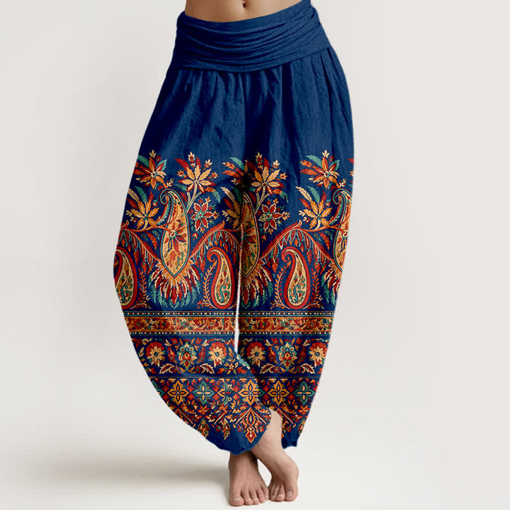 Buddha Stones Bawełniane spodnie haremki damskie z elastyczną talią i wzorem paisley bloom - Marynarka wojenna - US16, UK/AU20, EU48 (3XL) - image 8