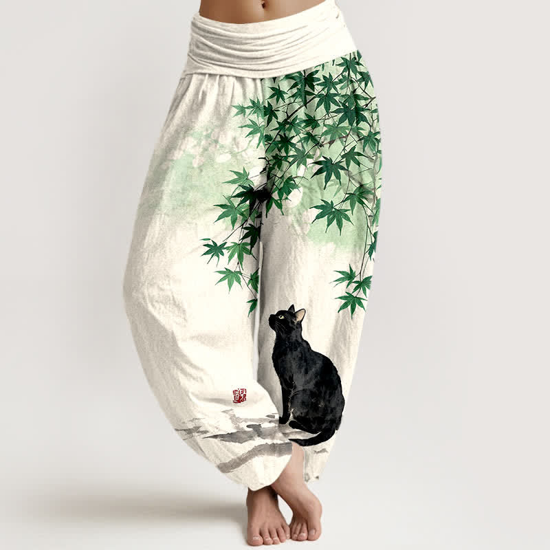 Buddha Stones Spodnie damskie haremowe z bawełny z motywem liścia klonowego i elastyczną talią - SeaGreen - US16, UK/AU20, EU48 (3XL) - image 0