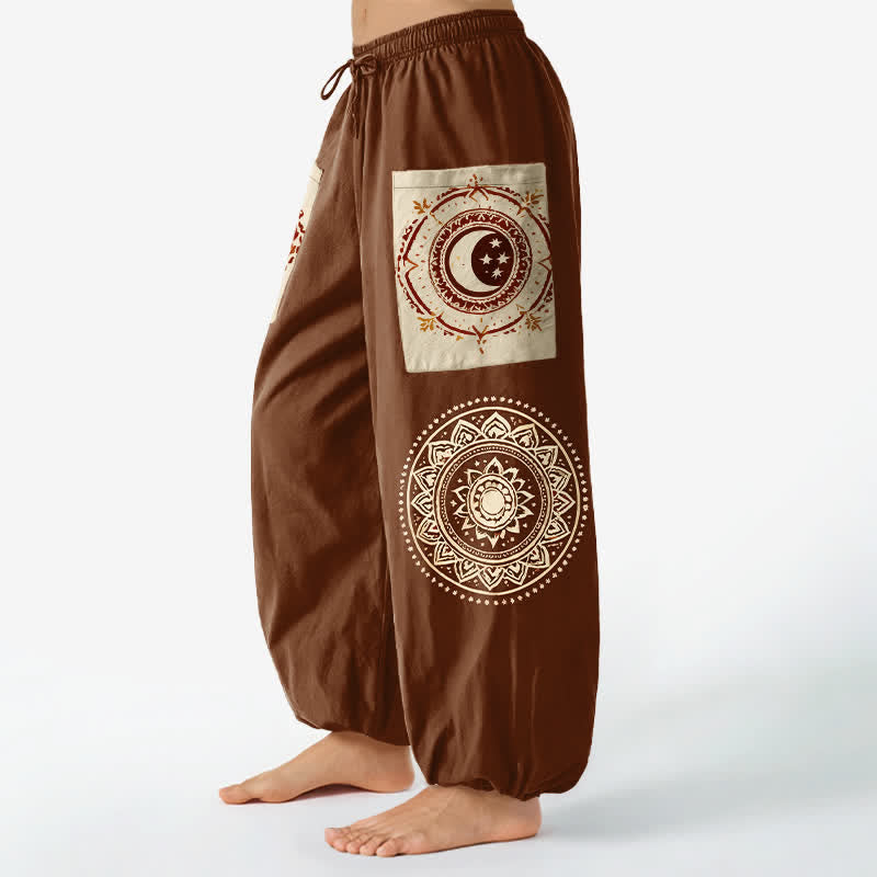 Buddha Stones Bawełniane spodnie damskie typu harem z elastycznym pasem i kieszeniami bocznymi, w stylu boho, z mandalą i fazą księżyca - image 1