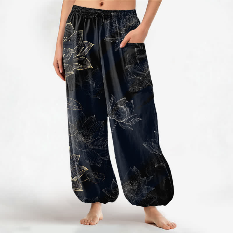 Buddha Stones Spodnie damskie typu harem z elastycznej talii z motywem kwiatowym i lotosem, z kieszeniami bocznymi - Czarny - US16, UK/AU20, EU48 (3XL) - image 0