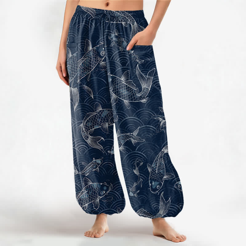 Buddha Stones Spodnie damskie typu harem z bawełny Zen Koi Ripple Pattern z elastyczną talią i bocznymi kieszeniami - Marynarka wojenna - US16, UK/AU20, EU48 (3XL) - image 0