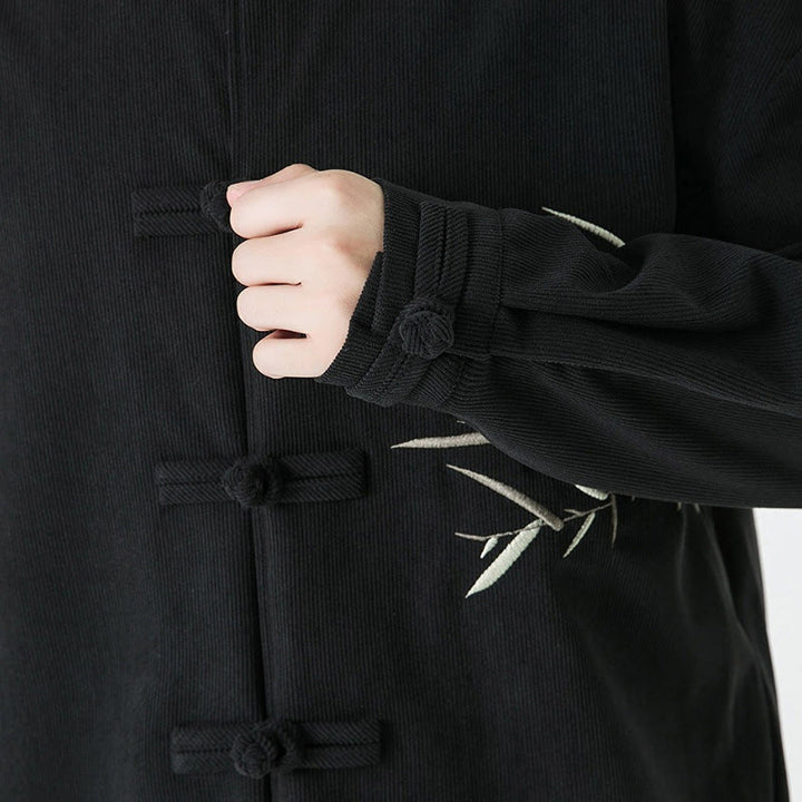 Buddha Stones Kurtka męska w stylu vintage, jesień/zima, z haftowanym bambusowym sztruksem i żabką - image 14