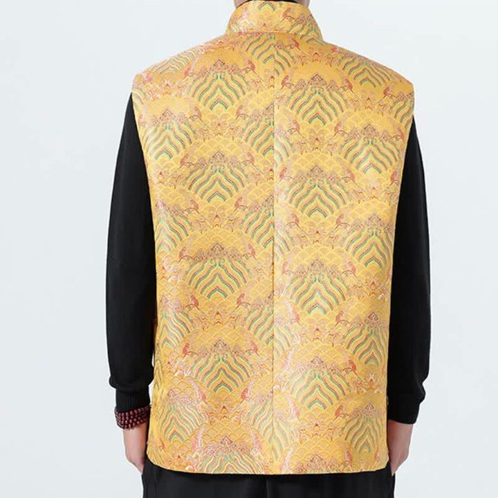Buddha Stones Męska kamizelka w stylu jesiennym z eleganckim kołnierzykiem typu stójka i kwiatowym wzorem w fale morskie - image 19