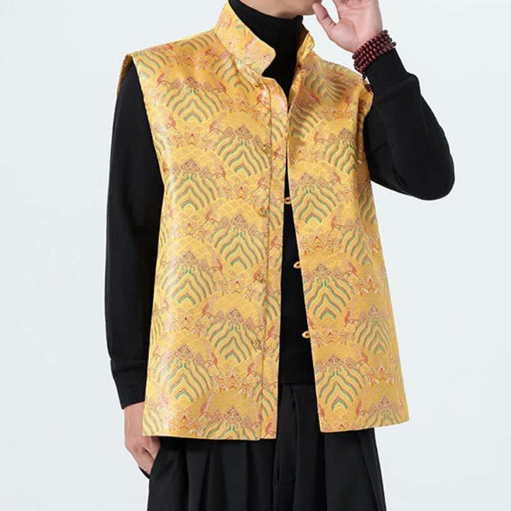 Buddha Stones Męska kamizelka w stylu jesiennym z eleganckim kołnierzykiem typu stójka i kwiatowym wzorem w fale morskie - image 16