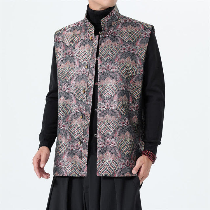 Buddha Stones Męska kamizelka w stylu jesiennym z eleganckim kołnierzykiem typu stójka i kwiatowym wzorem w fale morskie - Oset - US/UK/AU46， EU56 (5XL) - image 0