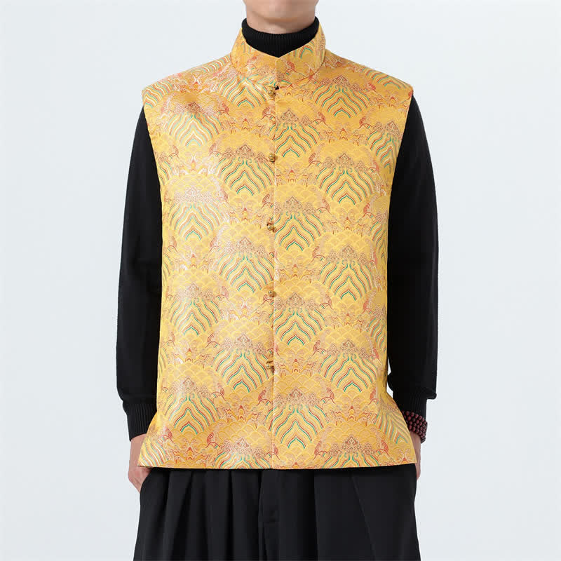 Buddha Stones Męska kamizelka w stylu jesiennym z eleganckim kołnierzykiem typu stójka i kwiatowym wzorem w fale morskie - Złoto - US/UK/AU46， EU56 (5XL) - image 15