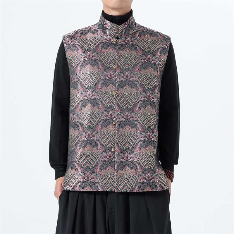 Buddha Stones Męska kamizelka w stylu jesiennym z eleganckim kołnierzykiem typu stójka i kwiatowym wzorem w fale morskie - image 1