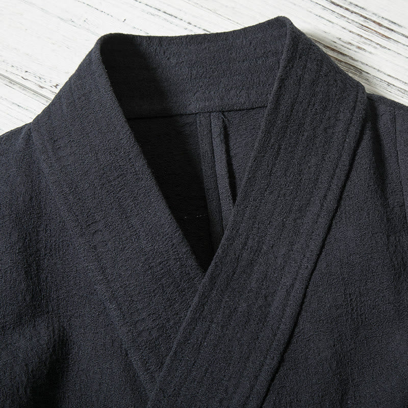 Buddha Stones Jesienno-zimowe, minimalistyczne, sznurowane, bawełniane, męskie kimono ze ściągaczem i dekoltem w serek - image 2