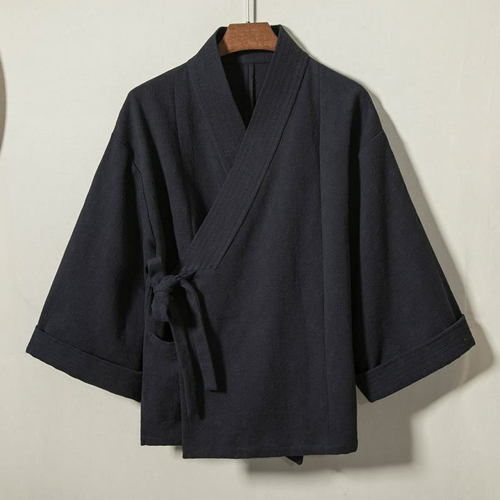 Buddha Stones Jesienno-zimowe, minimalistyczne, sznurowane, bawełniane, męskie kimono ze ściągaczem i dekoltem w serek - MidnightBlue - US/UK/AU44， EU54 (4XL) - image 0