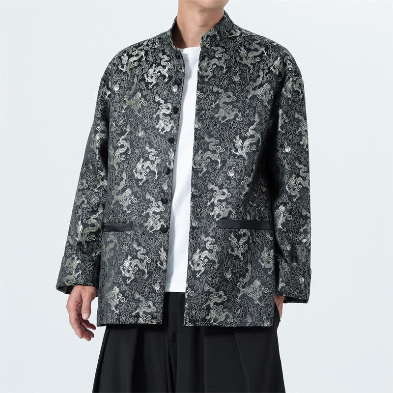 Buddha Stones Jesienno-zimowa kurtka męska w stylu Tang z eleganckim kołnierzykiem stójkowym i abstrakcyjnym motywem smoka - Czarny - US/UK/AU46， EU56 (5XL) - image 0