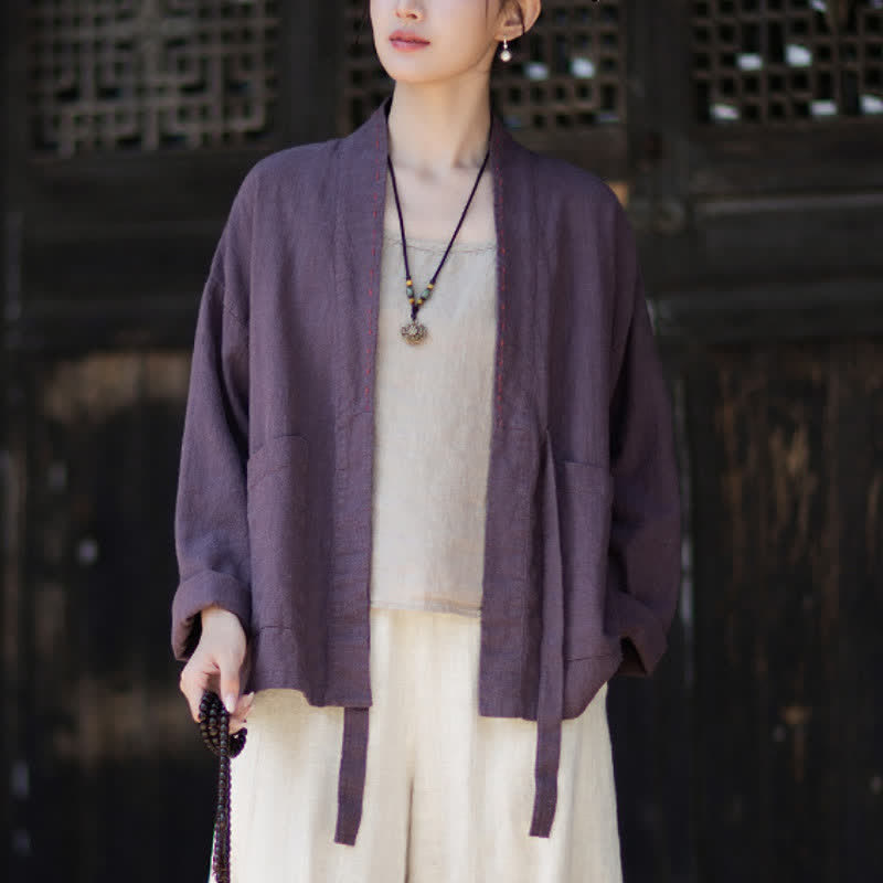 Buddha Stones Wiosenno-letnie, swobodne, minimalistyczne, solidne kimono damskie z ramii z kieszeniami - image 5