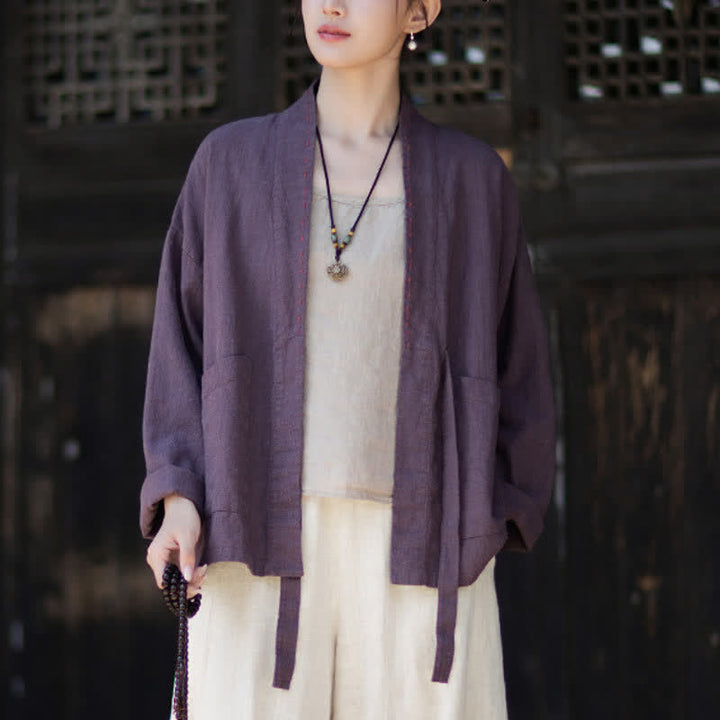 Buddha Stones Wiosenno-letnie, swobodne, minimalistyczne, solidne kimono damskie z ramii z kieszeniami - image 5