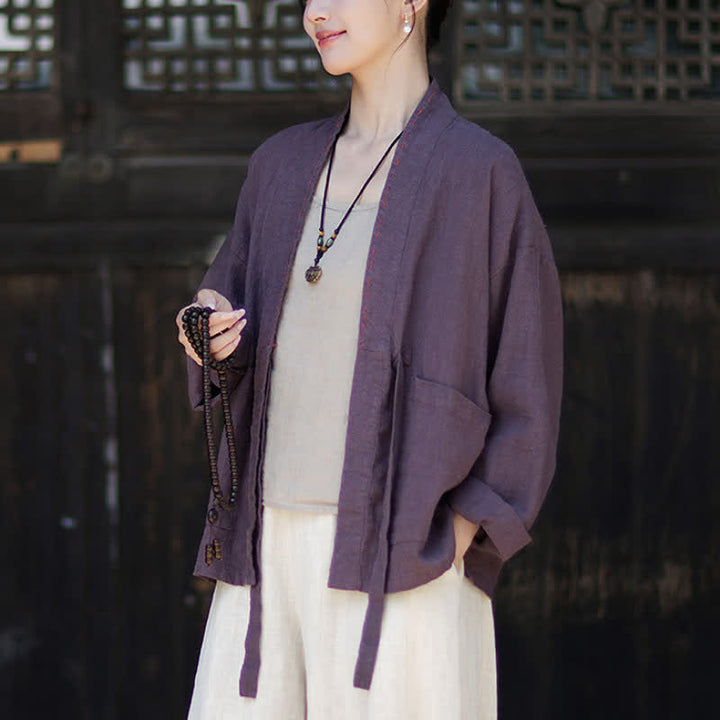 Buddha Stones Wiosenno-letnie, swobodne, minimalistyczne, solidne kimono damskie z ramii z kieszeniami - image 3
