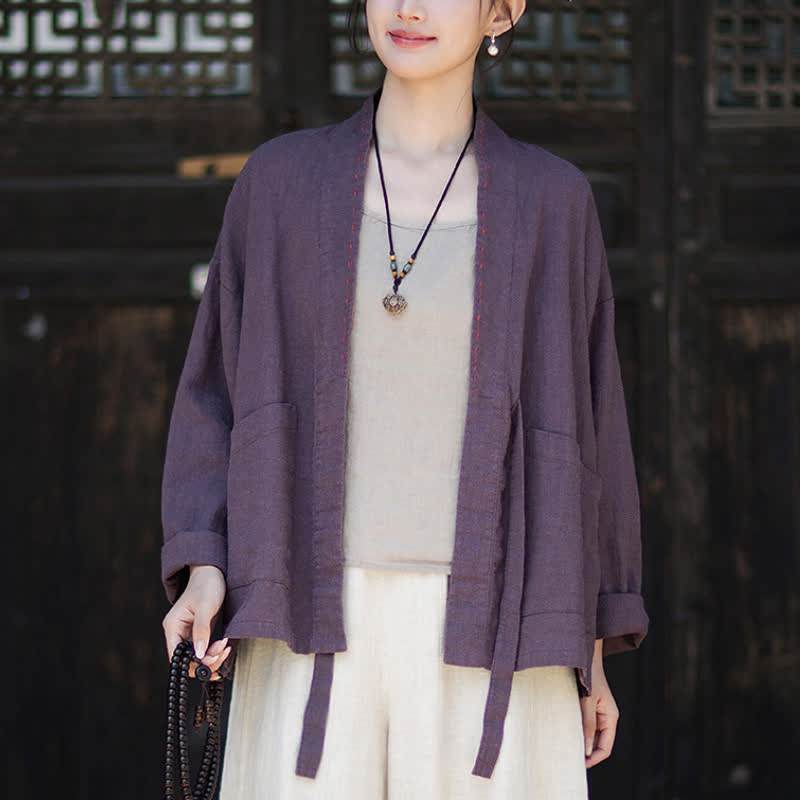 Buddha Stones Wiosenno-letnie, swobodne, minimalistyczne, solidne kimono damskie z ramii z kieszeniami - image 4