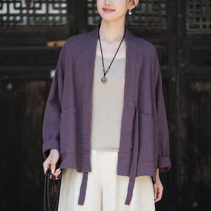 Buddha Stones Wiosenno-letnie, swobodne, minimalistyczne, solidne kimono damskie z ramii z kieszeniami - image 4