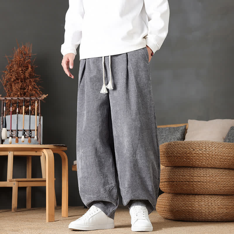 Buddha Stones Spodnie męskie w stylu vintage, jesienno-zimowym, proste, z kieszeniami, ze ściągaczem i sznurkiem do kostek - Szary - US/UK/AU46， EU56 (5XL) - image 0