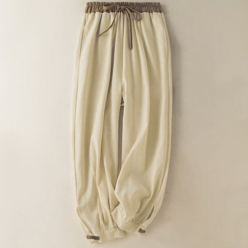 Spodnie haremowe damskie Buddha Stones Plain Cotton Drawstring z kieszeniami - Beżowy - US16, UK/AU20, EU48 (3XL) - image 0