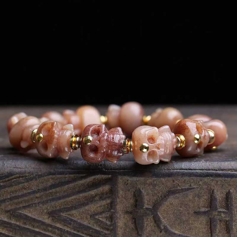Buddha Stones Bransoletka vintage z koralikami z kości tybetańskiej z ręcznie rzeźbioną czaszką - image 1