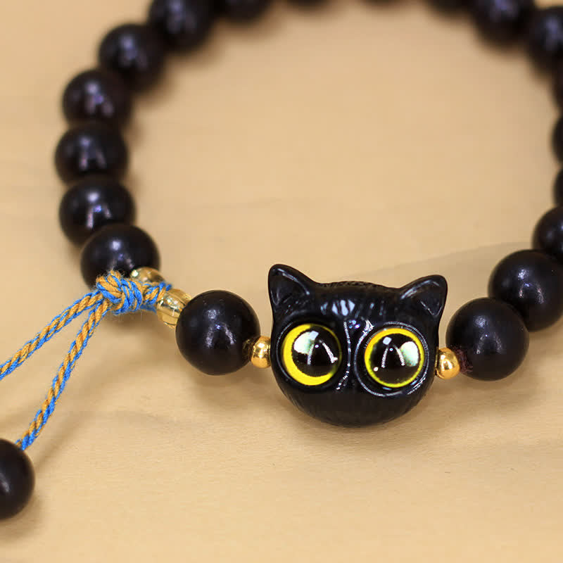 Buddha Stones Bransoletka pleciona z zawieszką kota z drewna hebanowego, okrągła, równoważąca - image 4