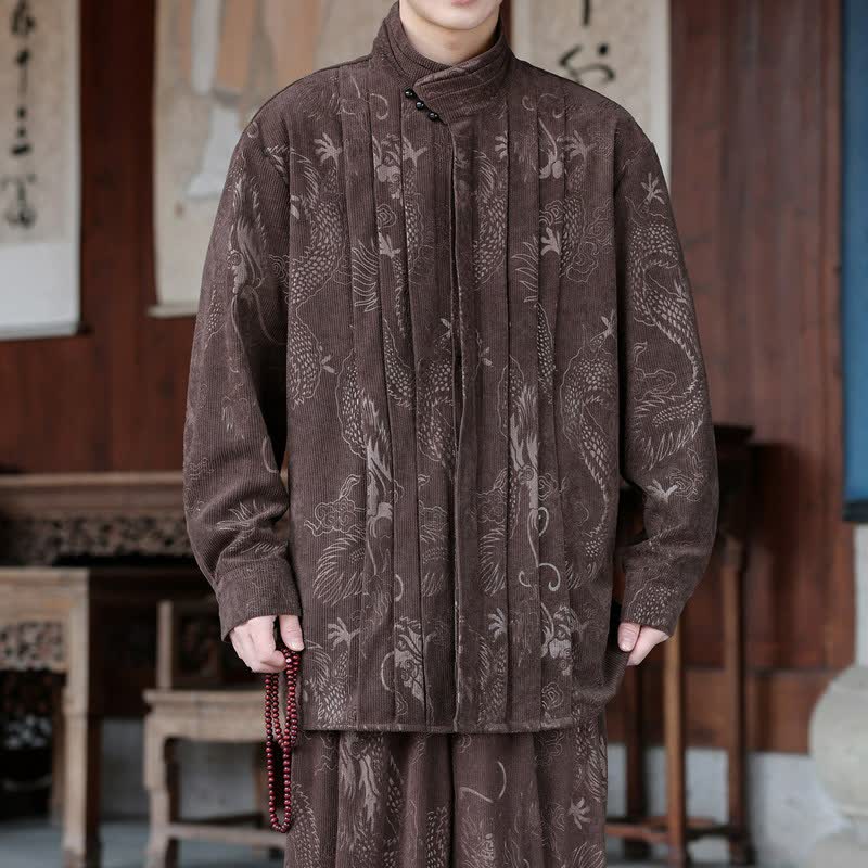 Buddha Stones Jesienno-zimowa, swobodna, męska kurtka sztruksowa z kołnierzykiem stójkowym i abstrakcyjnym wzorem - SaddleBrown - US/UK/AU46， EU56 (5XL) - image 0
