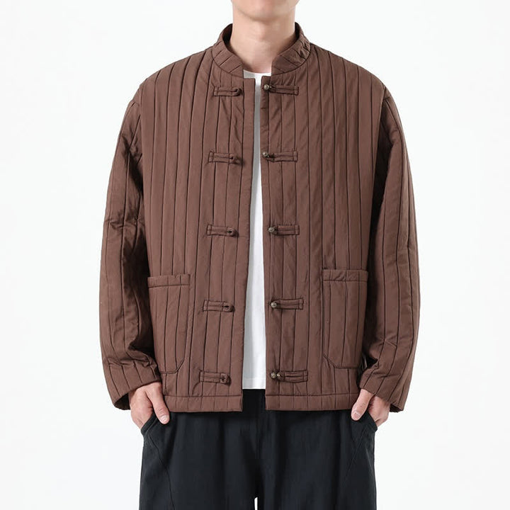 Buddha Stones Jesienno-zimowa, swobodna męska kurtka w stylu Tang z guzikami żabki i kieszeniami - SaddleBrown - US/UK/AU46， EU56 (5XL) - image 0