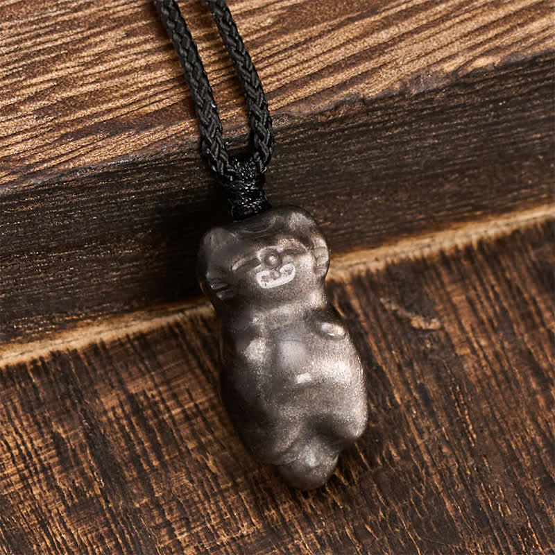Buddha Stones Srebrny połysk, obsydianowy wisiorek z kotem, uziemiający naszyjnik z plecionego sznurka - image 3