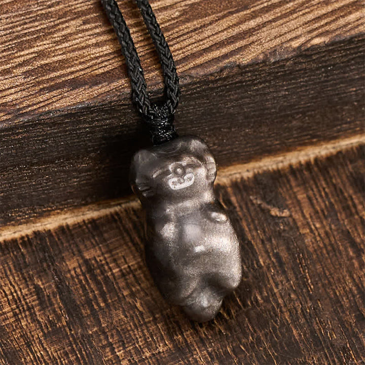 Buddha Stones Srebrny połysk, obsydianowy wisiorek z kotem, uziemiający naszyjnik z plecionego sznurka - image 3