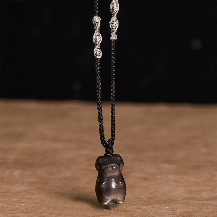 Buddha Stones Srebrny połysk, obsydianowy wisiorek z kotem, uziemiający naszyjnik z plecionego sznurka - image 2