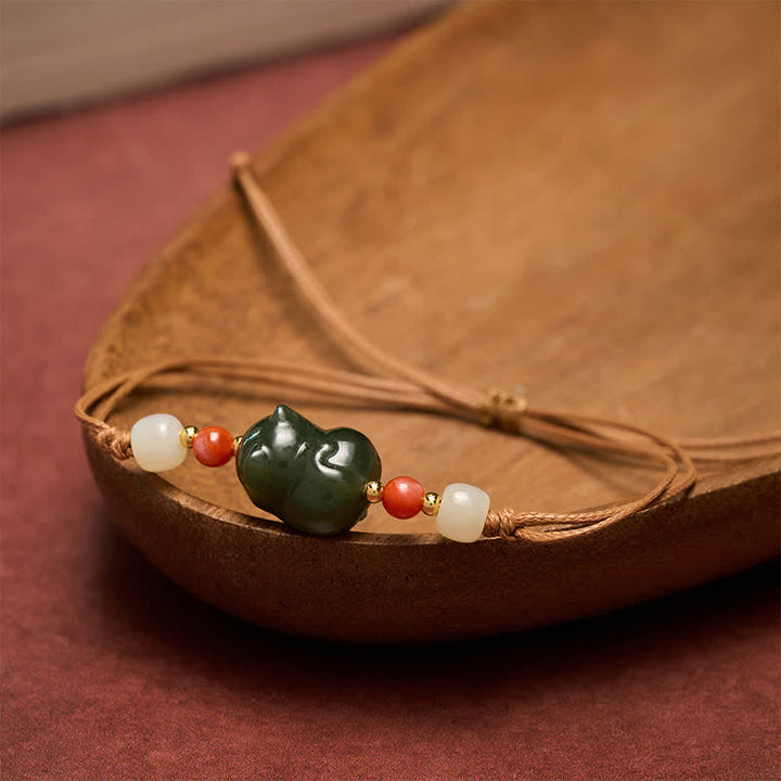 Buddha Stones Naturalna bransoletka z jadeitu hetyjskiego z kotem, tkana ręcznie, zapewniająca obfitość - image 3