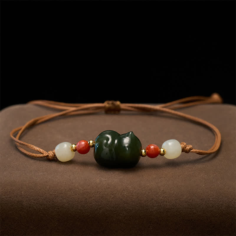Buddha Stones Naturalna bransoletka z jadeitu hetyjskiego z kotem, tkana ręcznie, zapewniająca obfitość - image 2