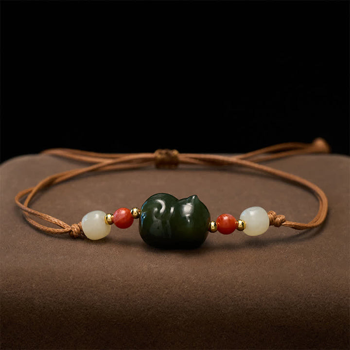 Buddha Stones Naturalna bransoletka z jadeitu hetyjskiego z kotem, tkana ręcznie, zapewniająca obfitość - image 2