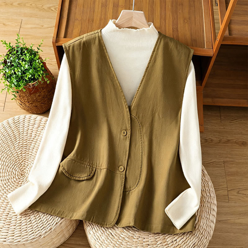 Buddha Stones Letni, swobodny, minimalistyczny top damski z dekoltem w serek, zapinany na guziki i kieszenią - Ciemny Khaki - US12, UK/AU16, EU44 (2XL) - image 6
