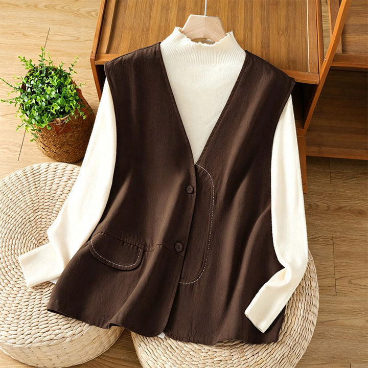 Buddha Stones Letni, swobodny, minimalistyczny top damski z dekoltem w serek, zapinany na guziki i kieszenią - SaddleBrown - US12, UK/AU16, EU44 (2XL) - image 14
