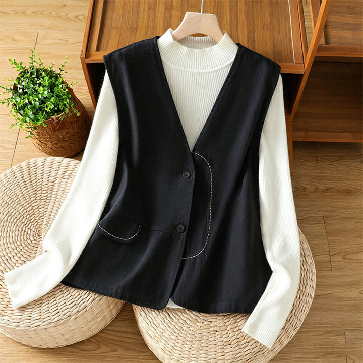 Buddha Stones Letni, swobodny, minimalistyczny top damski z dekoltem w serek, zapinany na guziki i kieszenią - Czarny - US12, UK/AU16, EU44 (2XL) - image 0