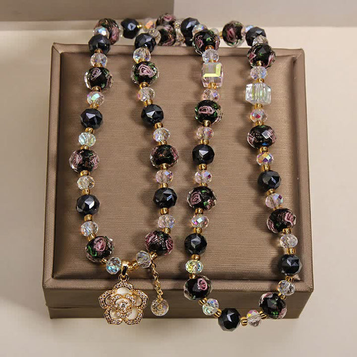 Buddha Stones Bransoletka z czarnym szklanym koralikiem Liu Li z zawieszką w kształcie kwiatu kamelii i harmonijnym połączeniem - image 4