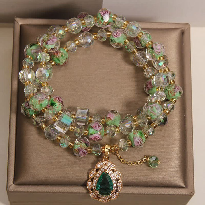 Buddha Stones Bransoletka energetyczna Golden Liuli Glass Rose Garden Teardrop Triple Wrap - image 1
